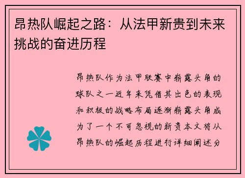 昂热队崛起之路：从法甲新贵到未来挑战的奋进历程