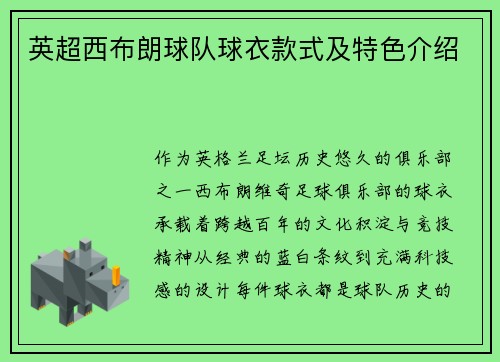 英超西布朗球队球衣款式及特色介绍